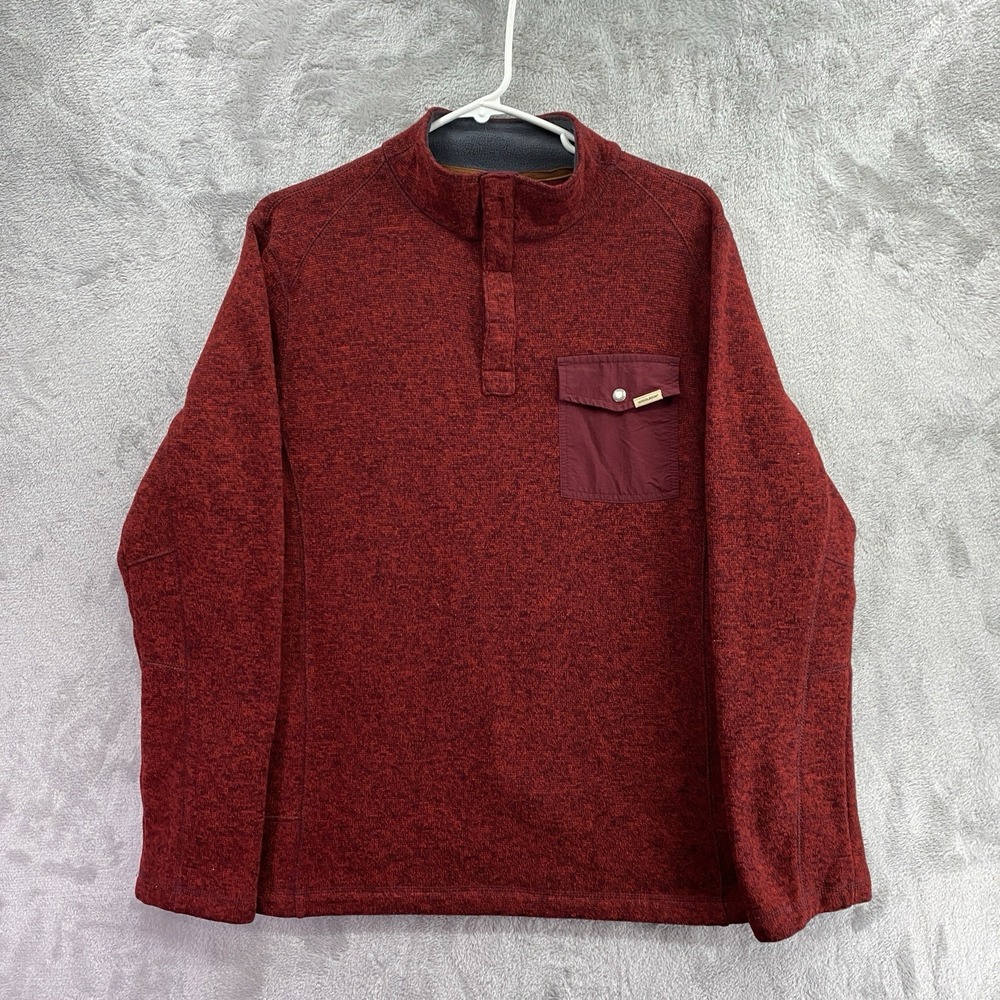 Woolrich Sweater Fleece Jacket Mens Medium Red Snap Button Chest Pocket Quarter